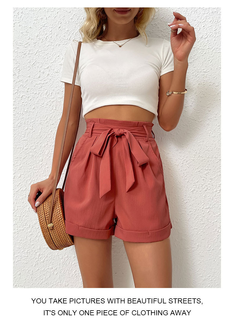 Düz Renk Bağcıklı Yüksek Bel Rahat Elastik Geniş Paça Şort_voghion.com