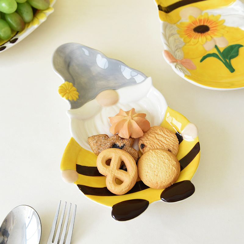 Cerámica creativa encantadora cartón de dibujos animados genio girasol abeja plato plato plato de té de la tarde plato de postres fiesta