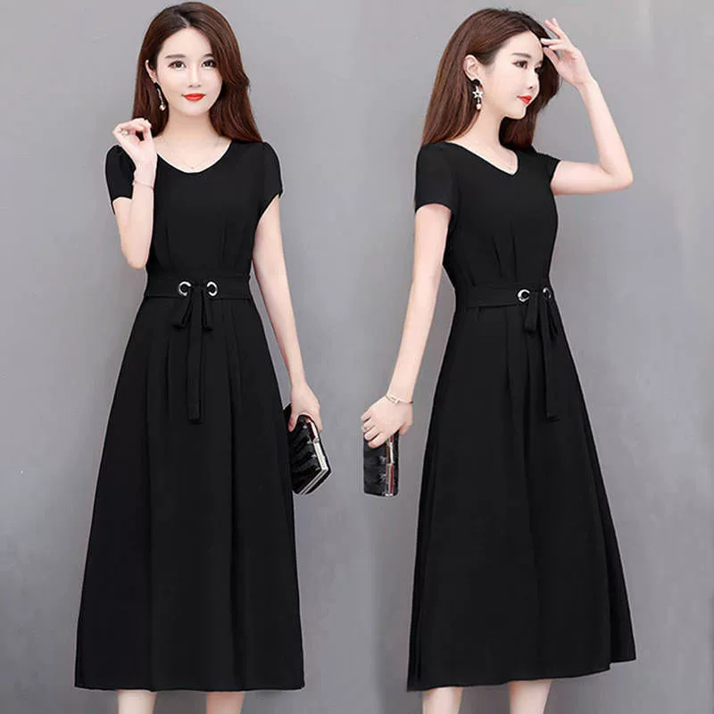 Платье длинное A‑образное миди, plus size, короткий рукав с приталенным поясом