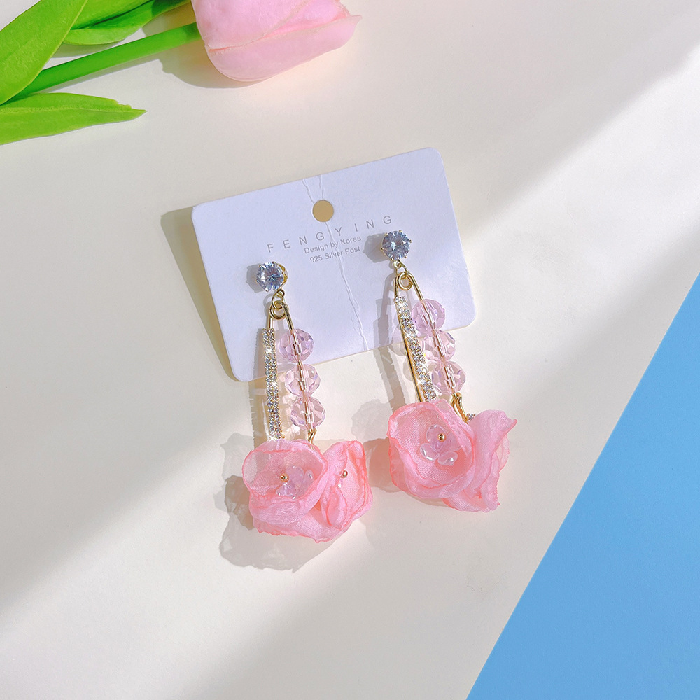 1 Pair Sweet Flower Fish Tail Glass Metal Rhinestone Womenu0027S Chandelier Earrings