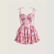 2025欧美新款碎花吊带蛋糕裙亚马逊跨境复古红色双层下摆连衣裙