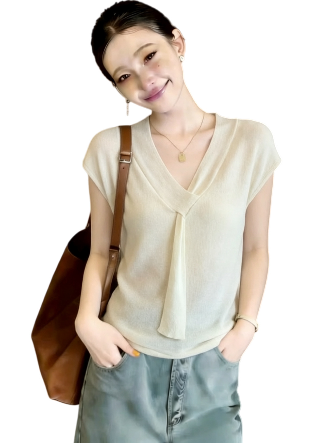 Áo dệt kim cổ V tay ngắn phong cách Pháp thanh lịch — màu đen