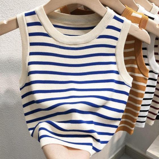 Ice Silk Camisole Women's Summer Base Shirt Inner Wearing Outer Wearing 2024 New Black Low Striped Knitted Top