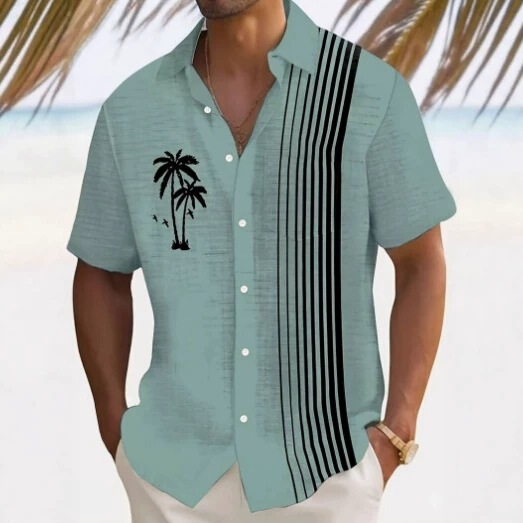 Amazon Men's Pocket Shirt, New Hawaiian Short-Sleeve Shirt, 3D Digital Floral Vacation Stripe Print