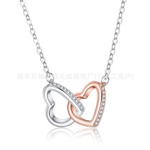 跨境s925银分色双心项链女士心心相扣银吊坠爱心欧美时尚吊坠项链