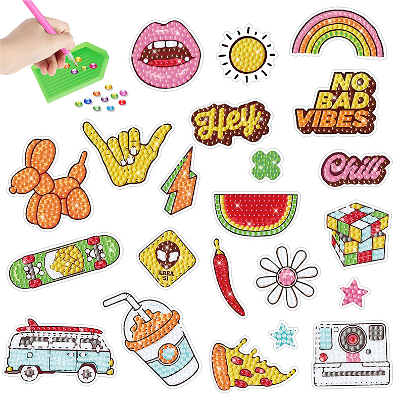 Venta caliente de dibujos animados flores pájaro diamante pintura libre pegatinas DIY pegatinas de pared niños hechos a mano pegatinas redondo diamante