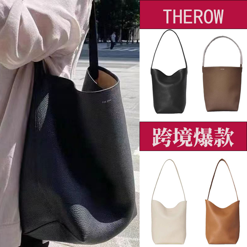 The Row Large Capacity Bucket Bag Genuine Leather Litchi Pattern Tote Bag Class Commuter New Therow Shoulder Bag