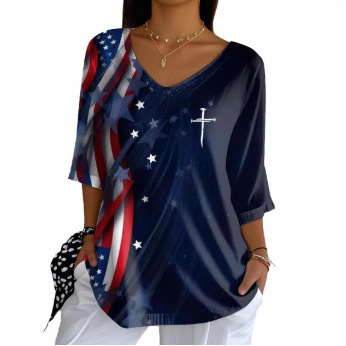 クロスボーダー 2025 スポット新作ヨーロッパとアメリカの服 Amazon アメリカ独立記念日テーマプリント V ネック半袖 5 点|undefined