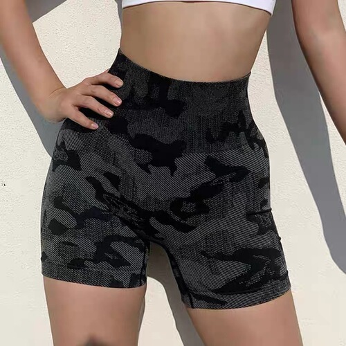 Cross-border camouflage fitness shorts for women, high-waisted, anti-ruffle, exercise butt-lifting tight hips, honey buttocks yoga mid-rise shorts, quick-drying pants