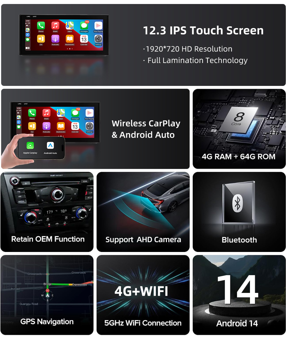 Large screen central control car navigation system compatible with Audi Q5L FY 2018-2021, Android wireless Carplay