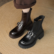 手工女鞋厚底切尔西靴女复古2025冬季百搭纯色皮带扣真皮短靴新款