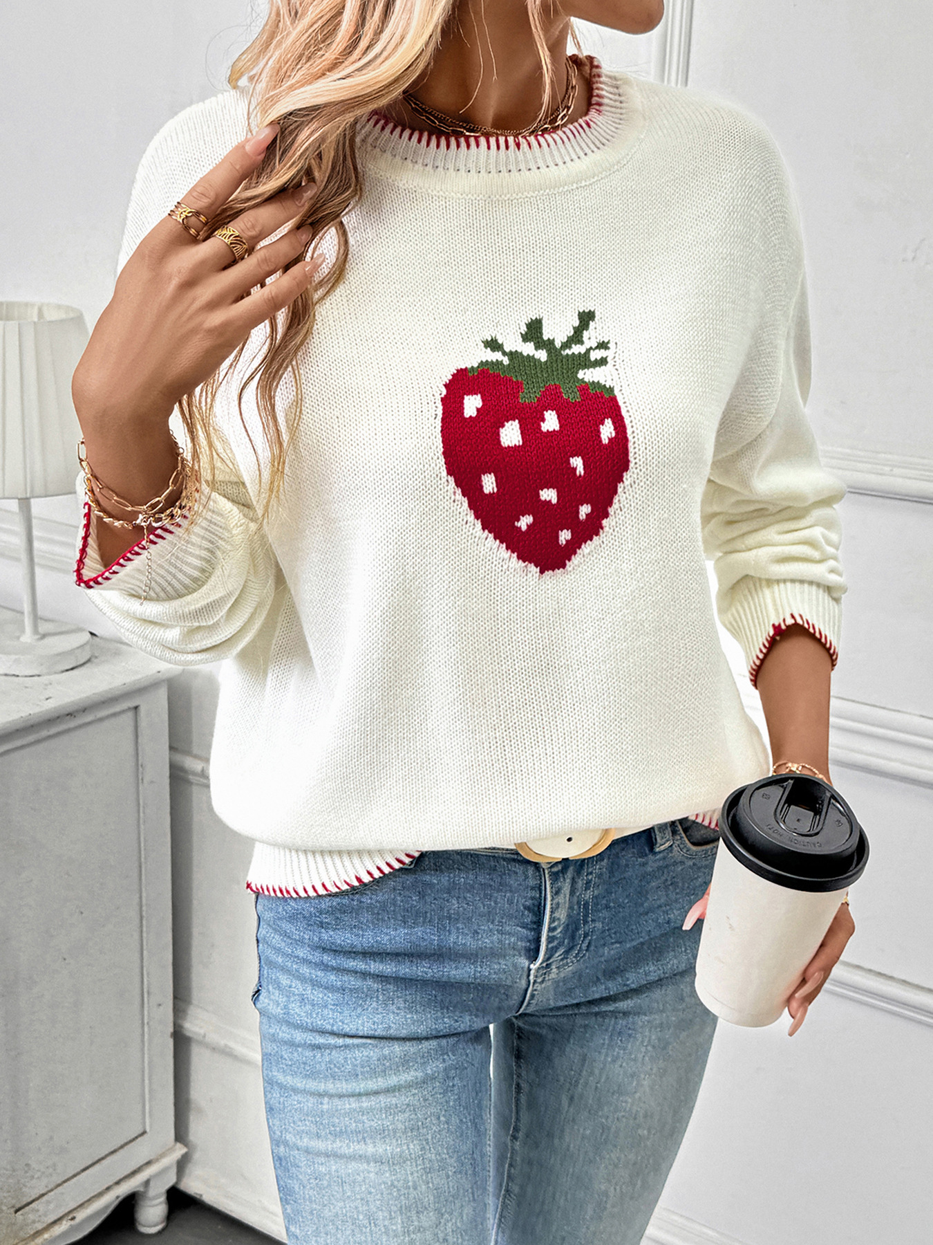 Women's Strawberry Jacquard Knit Sweater - Soft Acrylic Pullover With Loose Fit, Round Neck, Long Sleeves For Casual Comfort_voghion.com