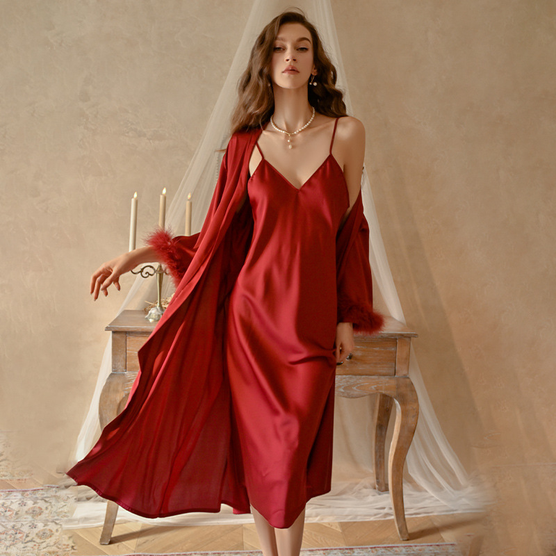 Pajamas for Women, Ice Silk, High-End, Sexy, Extended Suspender Nightgown, Wedding Bride's Dressing Gown, Home Wear 374 Plus 375