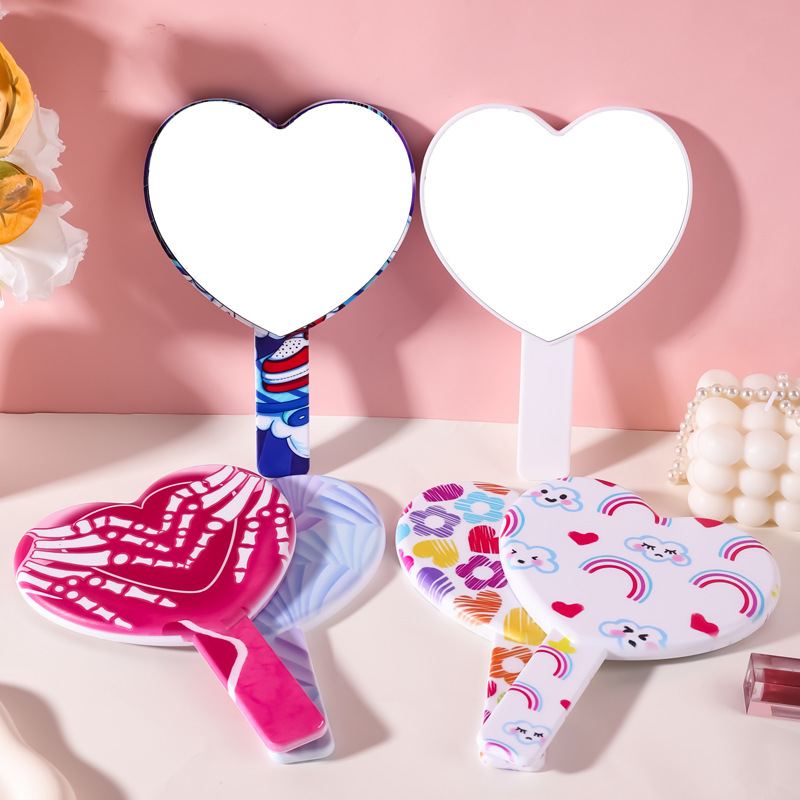 跨境爱心小镜子女生手持镜便携式化妆镜塑料桌面梳妆镜可爱小镜子