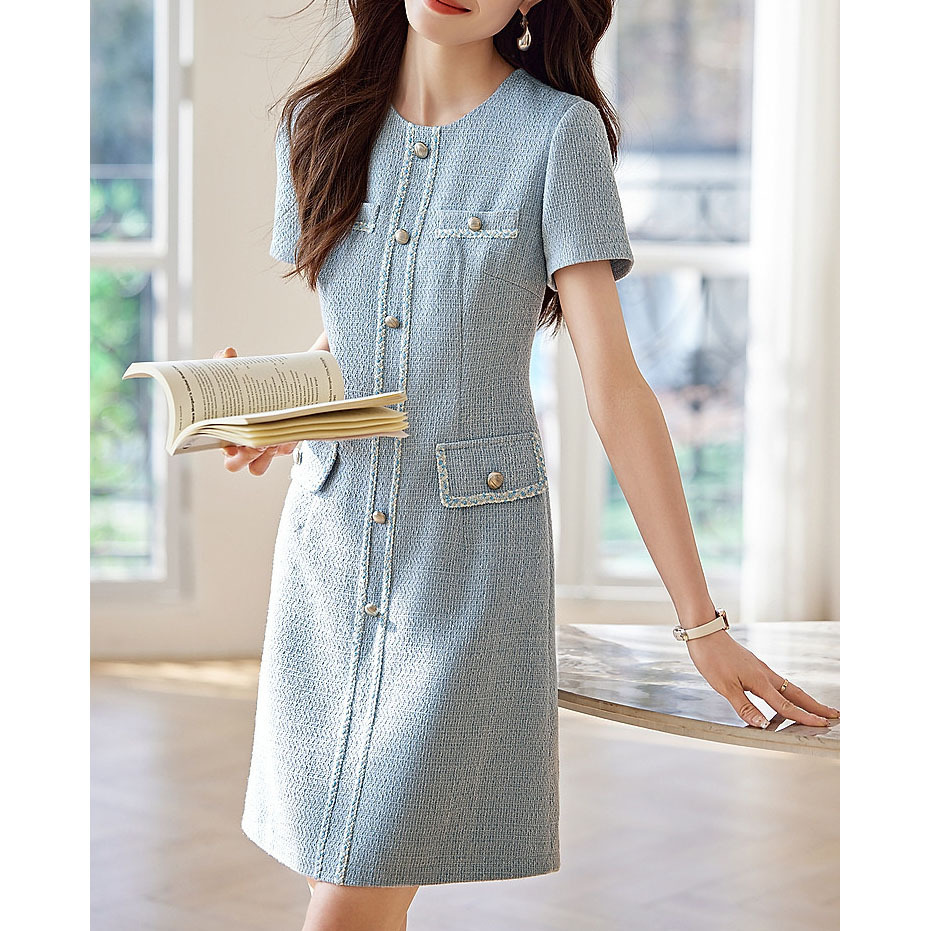 外贸法式小香风圆领短袖连衣裙24夏季新款精致气质小香风连衣裙