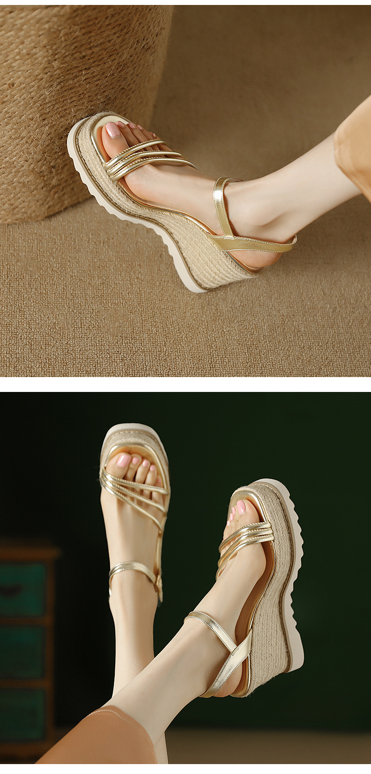 Sandal cao gót nữ phong cách Bohemian quai ngang mảnh hở mũi, đế xuồng đan rơm cao 9 cm — màu vàng, bạc chi tiết 5