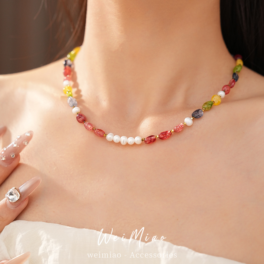 Collar de perlas de piedra de colores lujo ligero nicho de alta calidad collar de perlas temperamento de vacaciones accesorios dulces set de joyas
