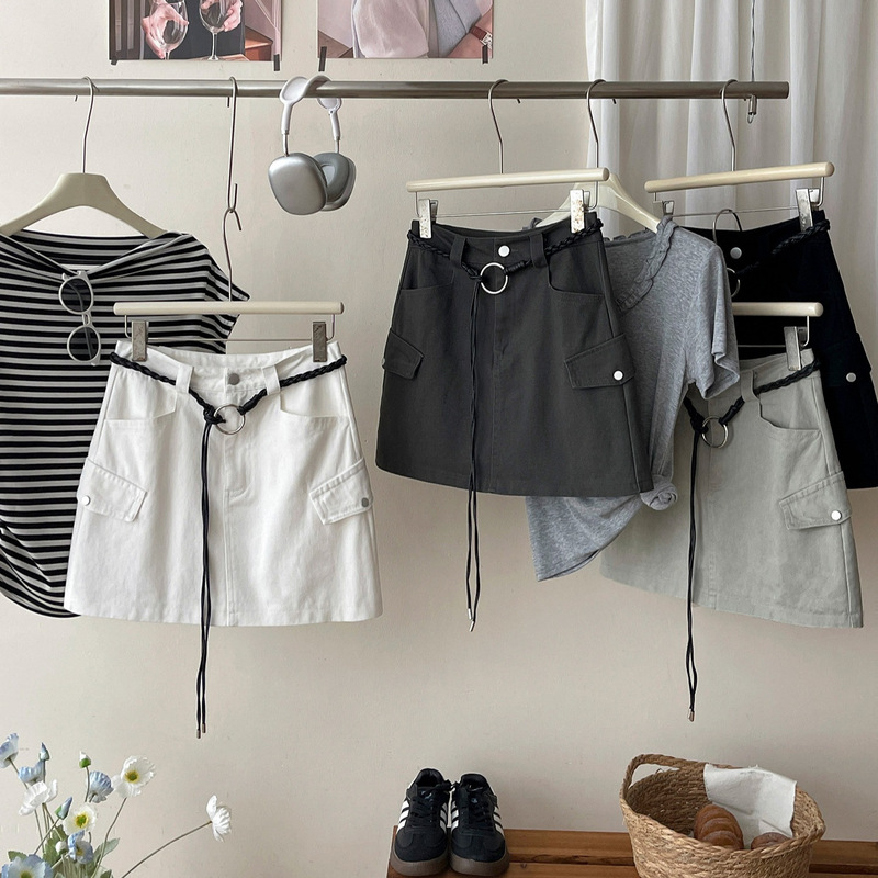 American Retro Versatile Denim Washed Cotton Workwear Short Skirt for Women, Summer Korean Chic Hip-Hugging Hot Girl A-Line Skirt