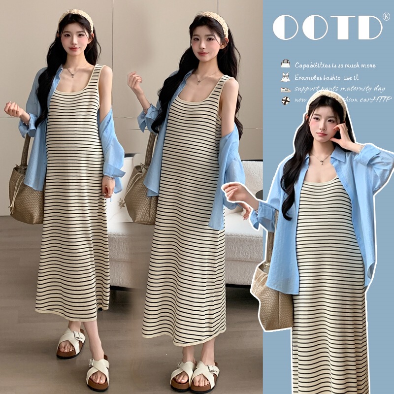 Maternity Summer Dress Plus Size Loose Fit 2026 Striped Round Neck Long Dress Sun Protection Two-Piece Set Maternity Summer Dress Plus Size Loose Fit 2026 Striped Round Neck Long Dress Sun Protection Two-Piece Set