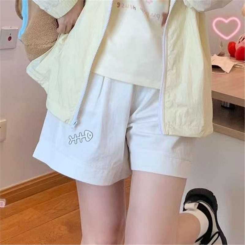 Korean Style Fishbone Print Versatile Shorts for Women Summer Japanese Cute Sweet Loose Casual Student Wide-Leg Sports Pants