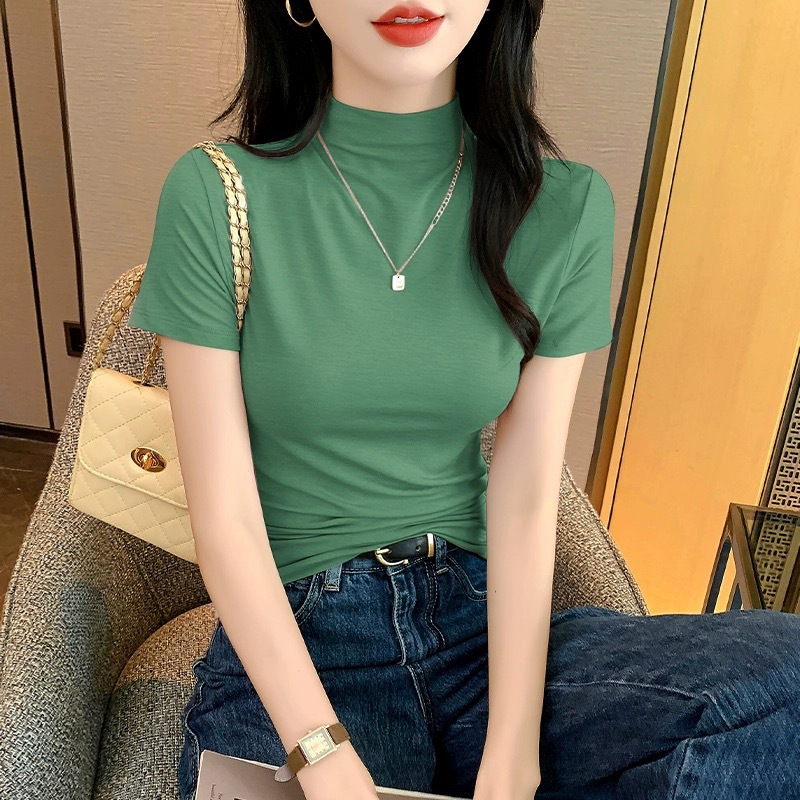 그레이 그린 하프 터틀넥 반소매