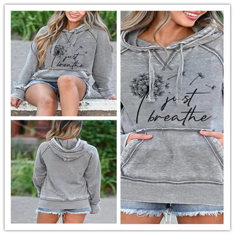 Factory foreign trade Europe and the United States autumn and winter foreign trade ladies Just Breathe dandelion printed pocket hooded sweater