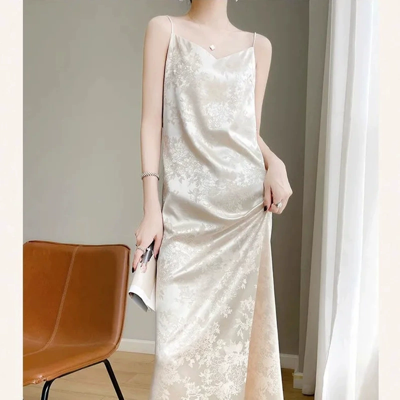 新中式提花吊带连衣裙女士夏季薄款气质V领宽松显瘦背心A字长裙子