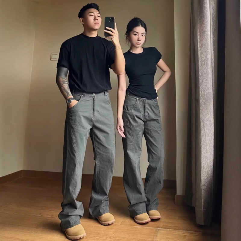 Dark Gray Vibe Pants Spring and Autumn New Men's and Women's Couple Retro Jeans Slim Versatile Casual Straight Pants