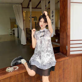 新中式小飞袖连衣裙女夏季2024新款水墨画设计感显瘦假两件A字裙