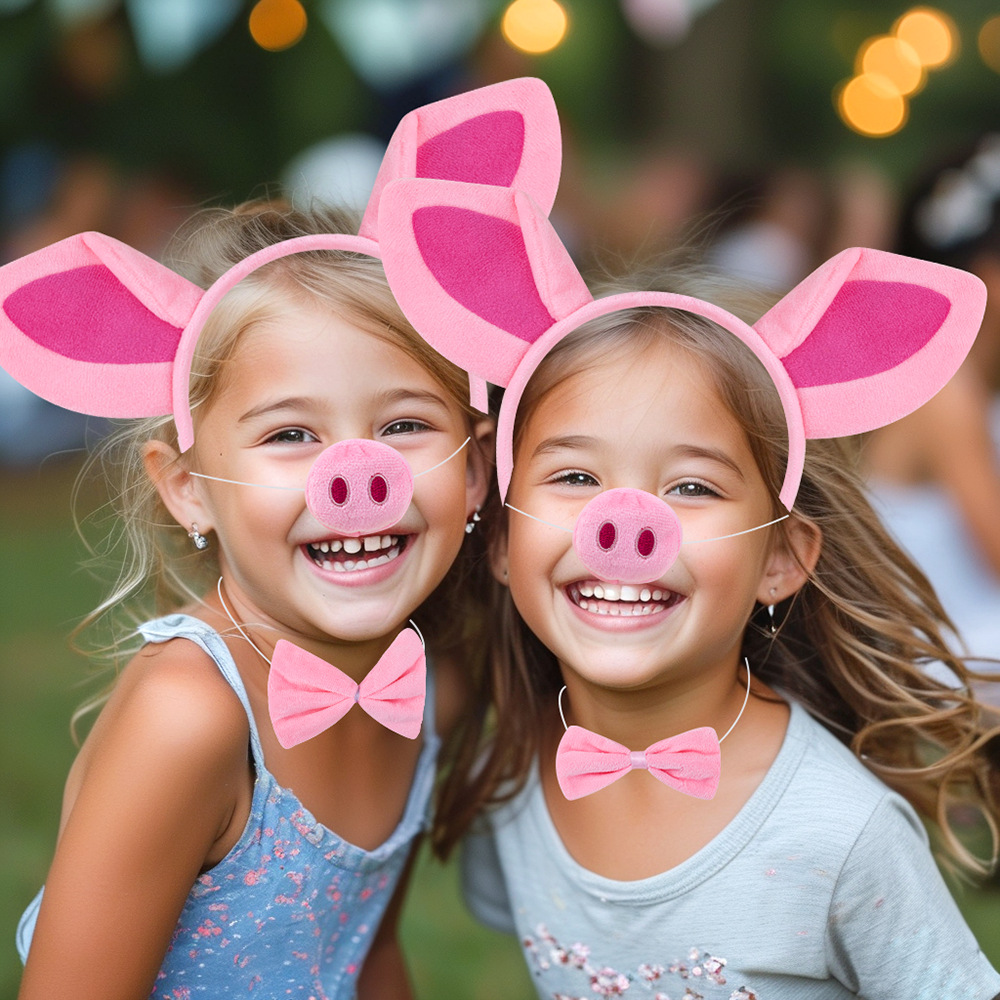 Halloween estilo explosivo transfronterizo lindo cerdo rosa oreja nariz diadema de cuatro piezas diadema de animal de peluche de dibujos animados