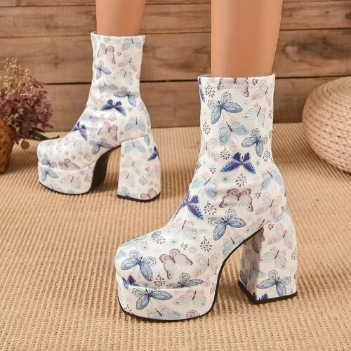 Women's Waterproof Platform Stiletto Western Boots with Thick Sole, Fashionable Wide-Size Cowgirl Boots