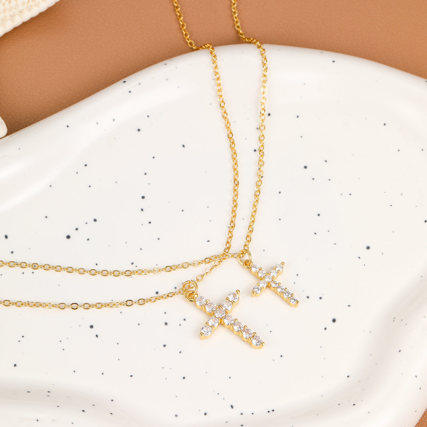 Double Layer Cross Pendant Necklace Gold Plated Clavicle Chain_voghion.com