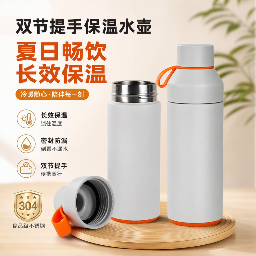 Parent-child travel thermos with large capacity, double-section handle, 304 stainless steel travel kettle, leak-proof and sealed children's water bottle
