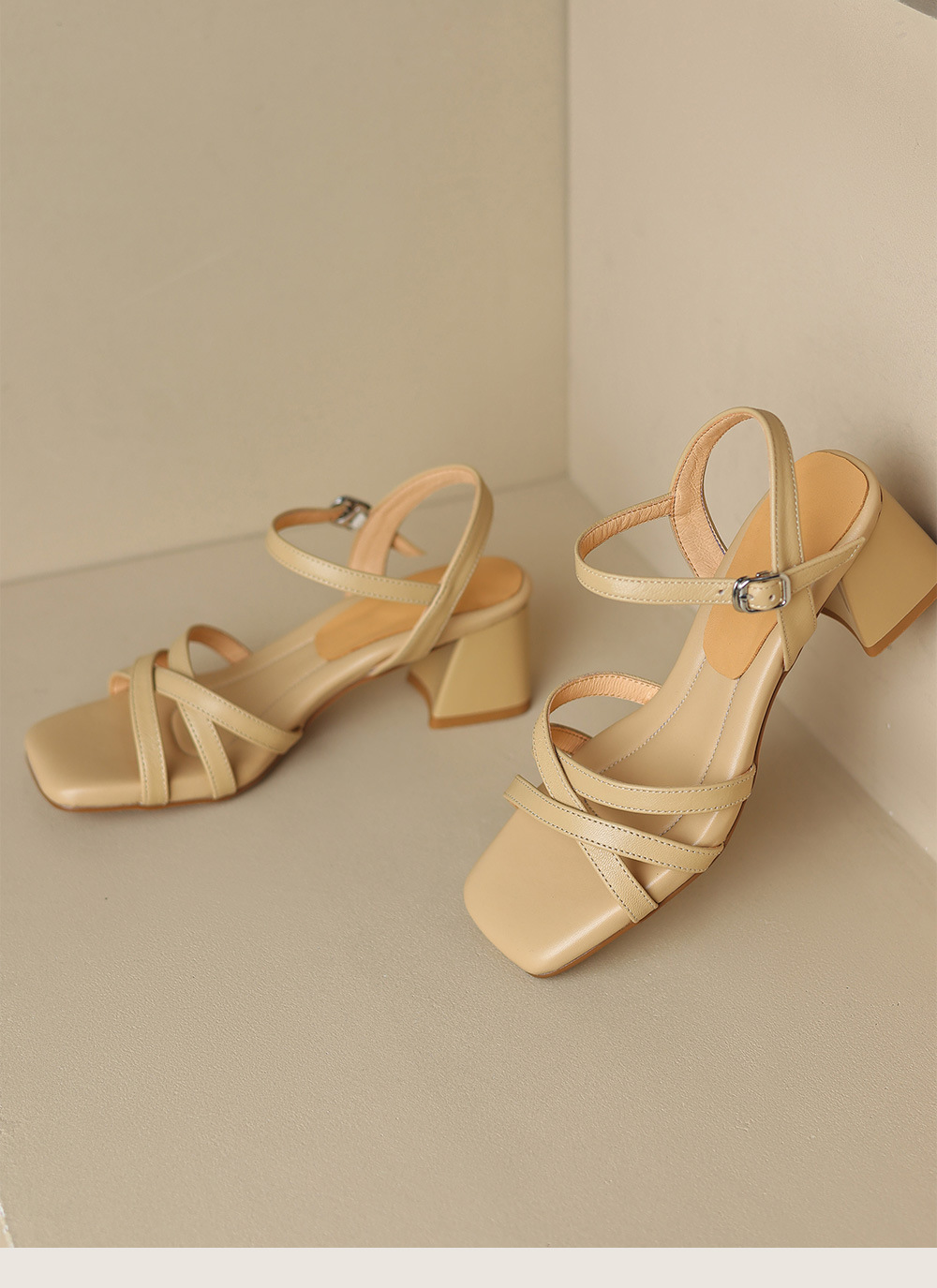 Sandal nữ quai ngang dệt sọc nhỏ da cừu, gót vuông ổn định, cỡ lớn 34–43 — Màu trắng be chi tiết 18