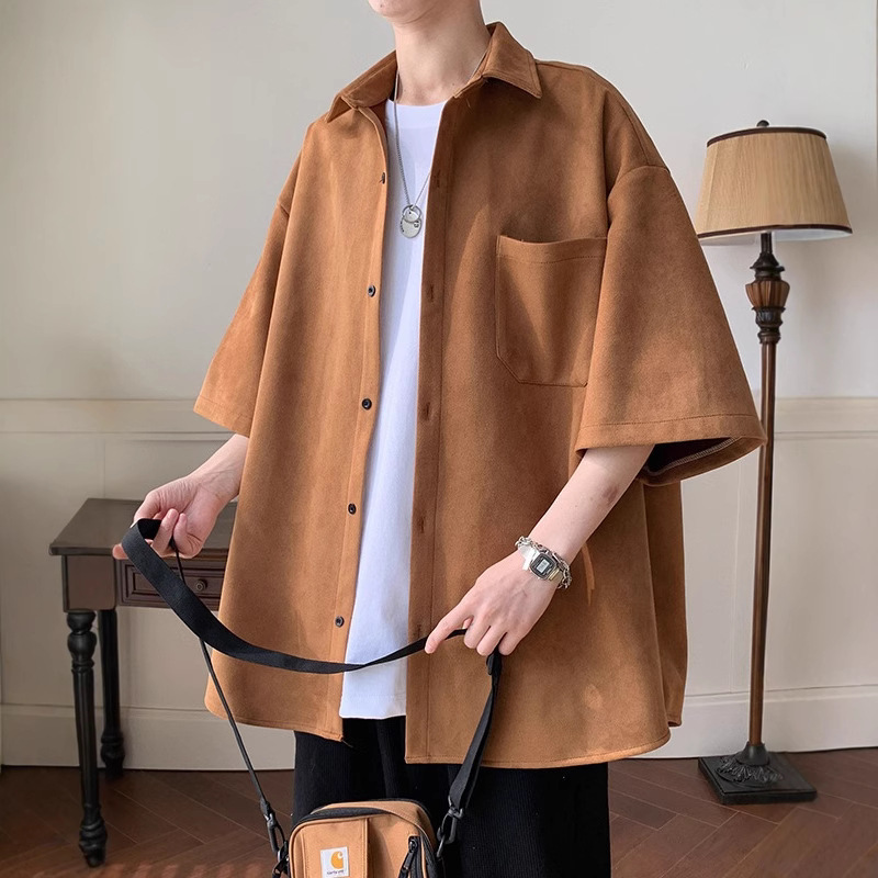 New Casual Quarter-Sleeved Shirt, Summer Men's Handsome Loose Design, Apricot Short-Sleeved Shirt Jacket