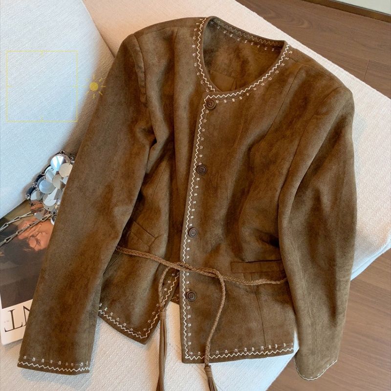 Maillard Wears Brown Round Neck Spliced Suede Jacket, Spring & Fall Retro Elegant Versatile Jacket Top Maillard Wears Brown Round Neck Spliced Suede Jacket, Spring & Fall Retro Elegant Versatile Jacket Top