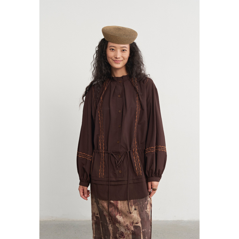NEIHE 2026 Autumn Stand Collar Vintage Embroidered Shirt for Women with Drawstring Waist and Lantern Sleeves 260310