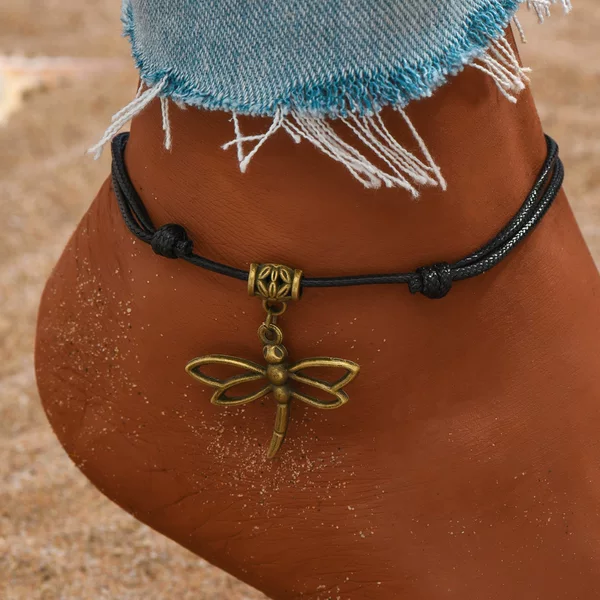 European and American Retro Beach Style Leather Rope Dragonfly Butterfly 12 Constellation Pendant Foot Rope Simple Personality Drawstring Foot Chain