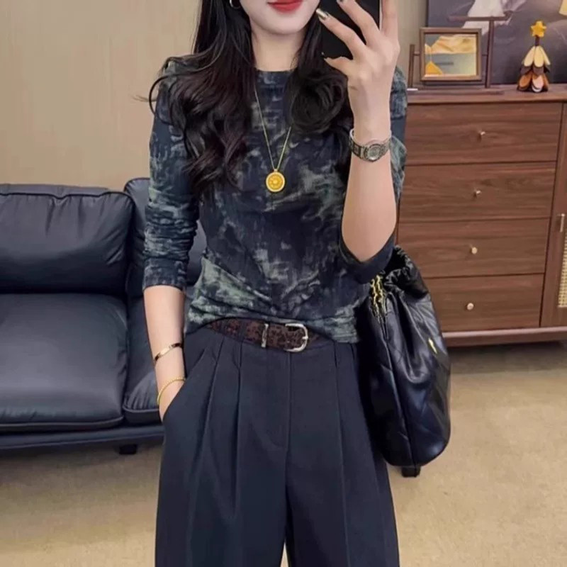 Korean-style fashion tie-dye round-neck long-sleeve T-shirt for women, new autumn fashion slim-fit base shirt top A14143 Korean-style fashion tie-dye round-neck long-sleeve T-shirt for women, new autumn fashion slim-fit base shirt top A14143
