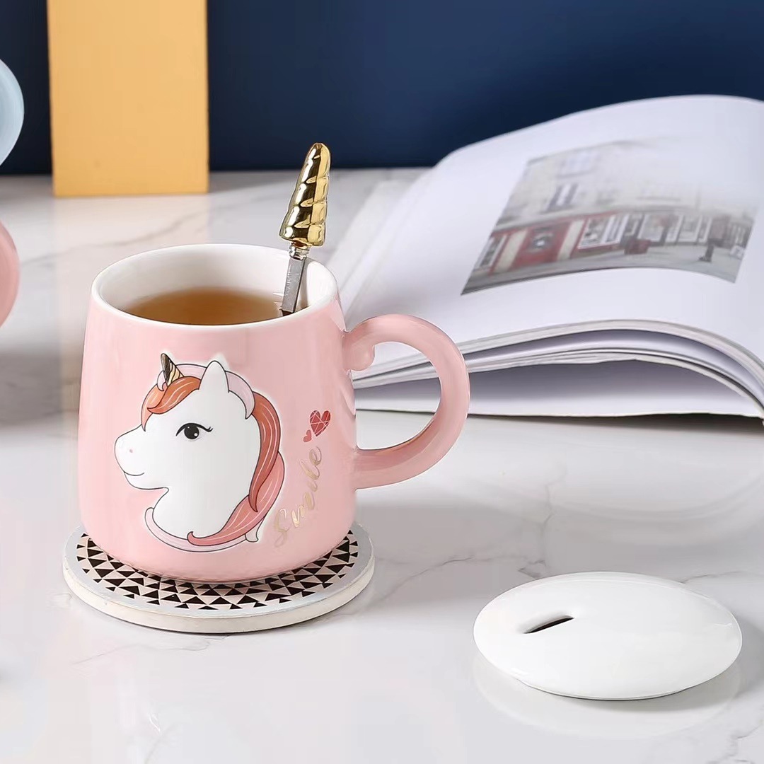 Creativo personalizado en relieve unicornio Taza de cerámica con tapa cuchara estilo coreano Oficina beber chica corazón