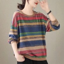 妈妈秋装卫衣彩条长袖T恤针织打底衫女款春秋款2025新款上衣大码