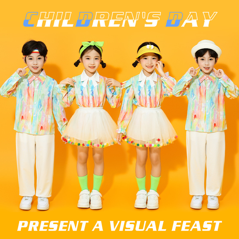 Children's Cheerleading Costumes, Colorfulful Shirts, Primary School Students' Sports Meeting Costumes, Opening Ceremony Costumes, Group Class Uniforms