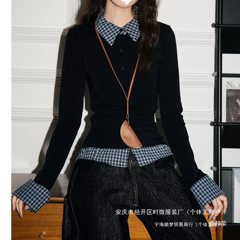 厂家格子上衣女领美式显瘦春秋季长袖拼接恤复古假两件学院风厂|undefined