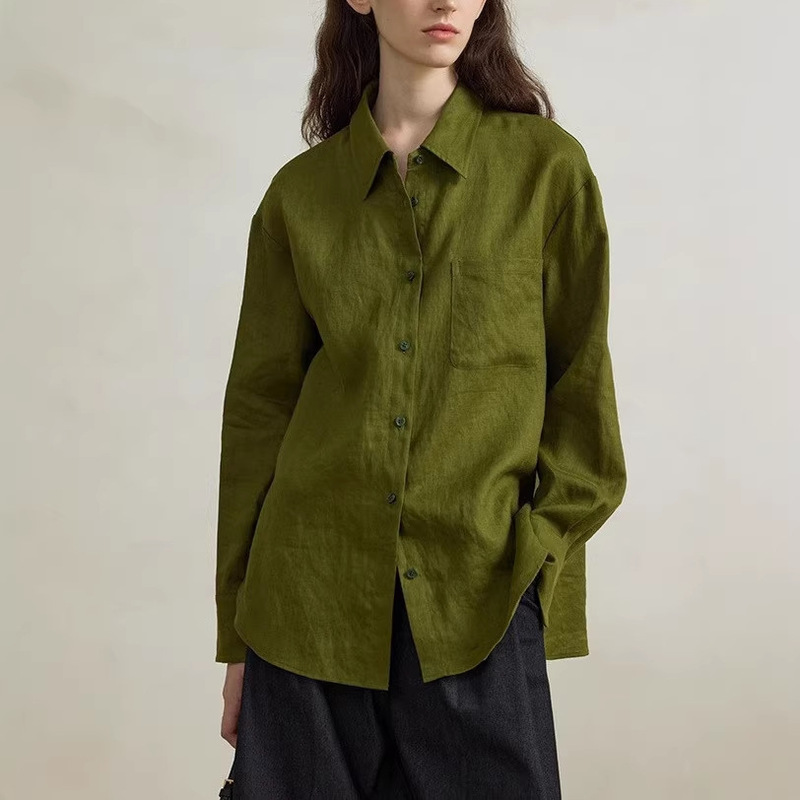 Turquoise Green Linen Shirt for Women, Autumn Season, High-End Luxury, Loose Fit, Long-Sleeve Polo Collar Top, Suitable for Layering or Wearing Alone