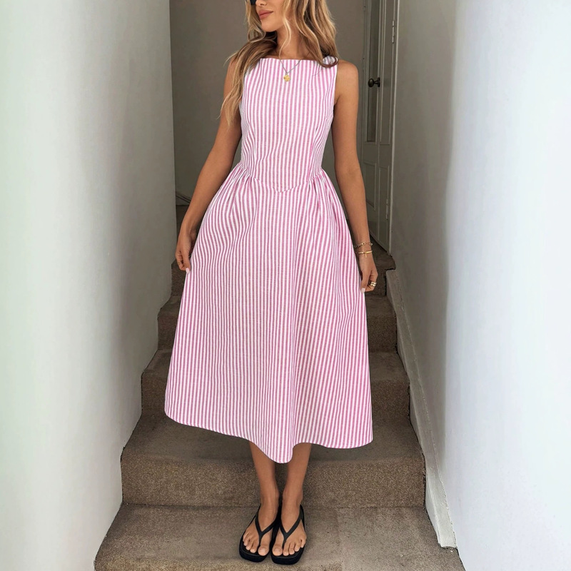 2026 Spring/Summer French Resort Style Vertical Striped Dress Sleeveless Long Princess Dress