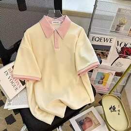光板纯色童装polo衫光版宽松落肩款男女童撞色短袖体恤