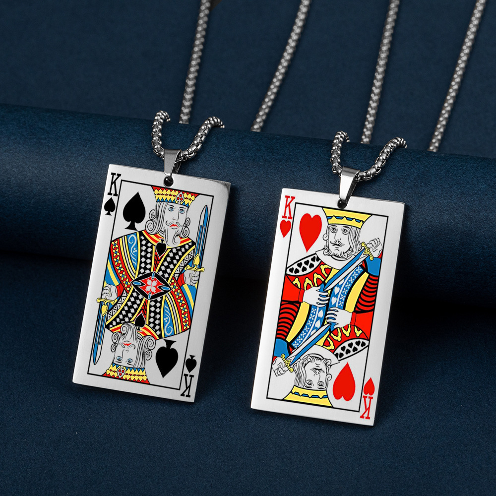 定 制 现货欧美时尚创意扑克牌彩印钛钢项链个性百搭不锈钢吊牌