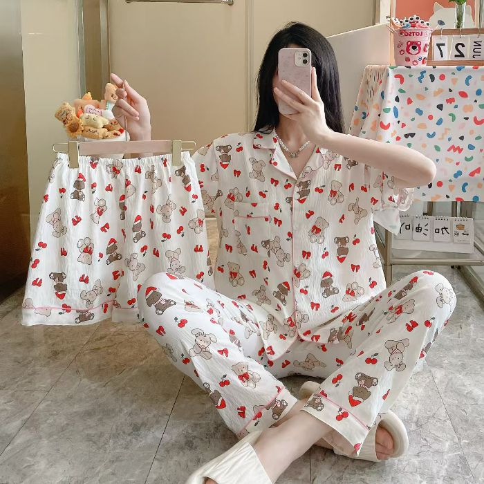 Venta al por mayor transfronteriza 120g pijamas de algodón de nube de verano de manga corta para mujer pantalones cortos de algodón de nube de verano de tres piezas servicio a domicilio de dibujos animados
