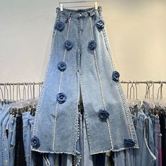 欧洲站重工钉珠立体花朵高级感直筒设计感毛边牛仔裤2025秋季新款