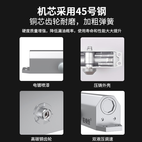 Factory-direct fire-rated door closers—quiet, automatic closing devices with hydraulic buffers for home and commercial use, enhancing security.